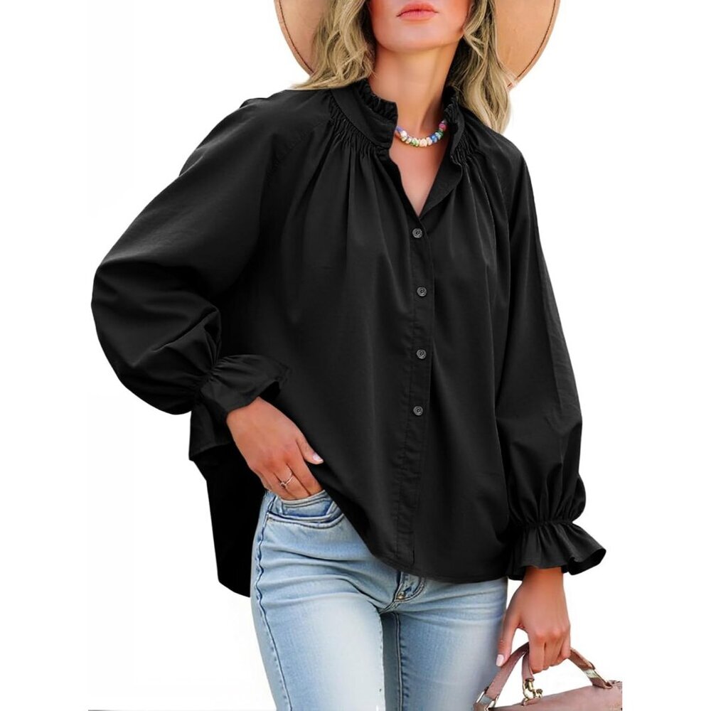 Womens Cotton Blouse Long Sleeve V Neck Pleated Ruffle Casual Shirts